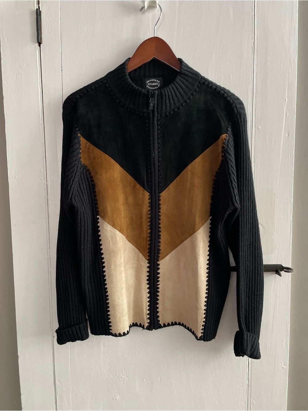 Designers Studio Originals Black Knit Zip Sweater Brown & Cream Suede Chevron L